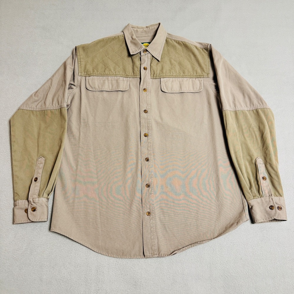 Cabelas Shooting Shirt Mens L Tall Tan Cotton‎ Canvas Hunting Quilted Shoulder